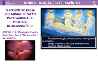 MINIATURIZAÇÃO DO PERISPÍRITO
O PERISPÍRITO PASSA
POR MINIATURIZAÇÃO
PARA VIABILIZAR O
PROCESSO
REENCARNATÓRIO.
(XAVIER, F. C. Libertação. Espírito
André Luiz. Cap. 6, “Observações e
Novidades”).
 