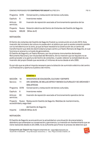 ESMENES PROPOSADES PER COMPROMIS PER SAGUNT ALS PGE 2014 P 3 / 6
Programa 337B Conservación y restauración de bienes culturales.
Capítulo 6 Inversiones reales
Artículo 63 Inversión de reposición asociada al funcionamiento operativo de los
servicios.
Proyecto Nuevo Dotación eléctrica del Centro de Visitantes del Castillo de Sagunto
Importe 600,00 (Miles de € )
MOTIVACIÓN:
El Centro de visitantes del Castillo de Sagunto finalizó su construcción en el año 2010. Esta
inversión del ministerio de cultura no puede abrir al público por qué no existe conexión posible
con la red eléctrica en la zona, ya que se hace necesaria la construcción de un centro de
transformación que dote de electricidad al propio centro y al Teatro Romano de Sagunto, el cual
funciona en precario y a través de generadores.
El Castillo de Sagunto y el Teatro Romano, son los primeros monumentos declarados
Monumento Nacional y son titularidad del Ministerio. Sin la inversión que se requiere no se
podrá proceder a la apertura del Centro de visitantes, ni poder obtener la rentabilidad de una
inversión del propio Estado que asciende a 3 millones de euros desde el año 2000.
Es por ello que se pide el importe necesario para la dotación de suministro eléctrico del centro
y la finalización y apertura al público del mismo.
ESMENA 4
SECCIÓN 18 MINISTERIO DE EDUCACIÓN, CULTURA Y DEPORTE
Servicio 11 DIR. GENERAL DE BELLAS ARTES Y BIENES CULTURALES Y DE ARCHIVOS Y
BIBLIOTECAS
Programa 337B Conservación y restauración de bienes culturales.
Capítulo 6 Inversiones reales
Artículo 63 Inversión de reposición asociada al funcionamiento operativo de los
servicios.
Proyecto Nuevo Restauración Castillo de Sagunto. Medidas de mantenimiento,
accesibilidad y seguridad
del Castillo de Sagunto
Importe 2.500,00 (Miles de € )
MOTIVACIÓN:
El Castillo de Sagunto se encuentra en la actualidad en una situación de precariedad y
abandono que amenazan su conservación y pervivencia. La inversión en mantenimiento que se
viene realizando desde el año 2000, no es suficiente para frenar el proceso de deterioro que
Compromís per Sagunt http://sagunt.compromis.ws - sagunt@compromis.ws
TELÈFON: 618305408 - Grup Municipal: Autonomia, 2 - Seu: Plaça Cronista Chabret, 24
 