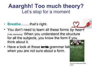 Aaarghh! Too much theory? Let’s stop for a moment Breathe .........that’s right. You don’t need to learn all these forms  by heart   (=de memoria).  When you understand the structure for all the subjects, you know the form if you think about it. Have a look at these  horrible  grammar tab les only  when you are not sure about a form. Picture from Microsoft Office Online 