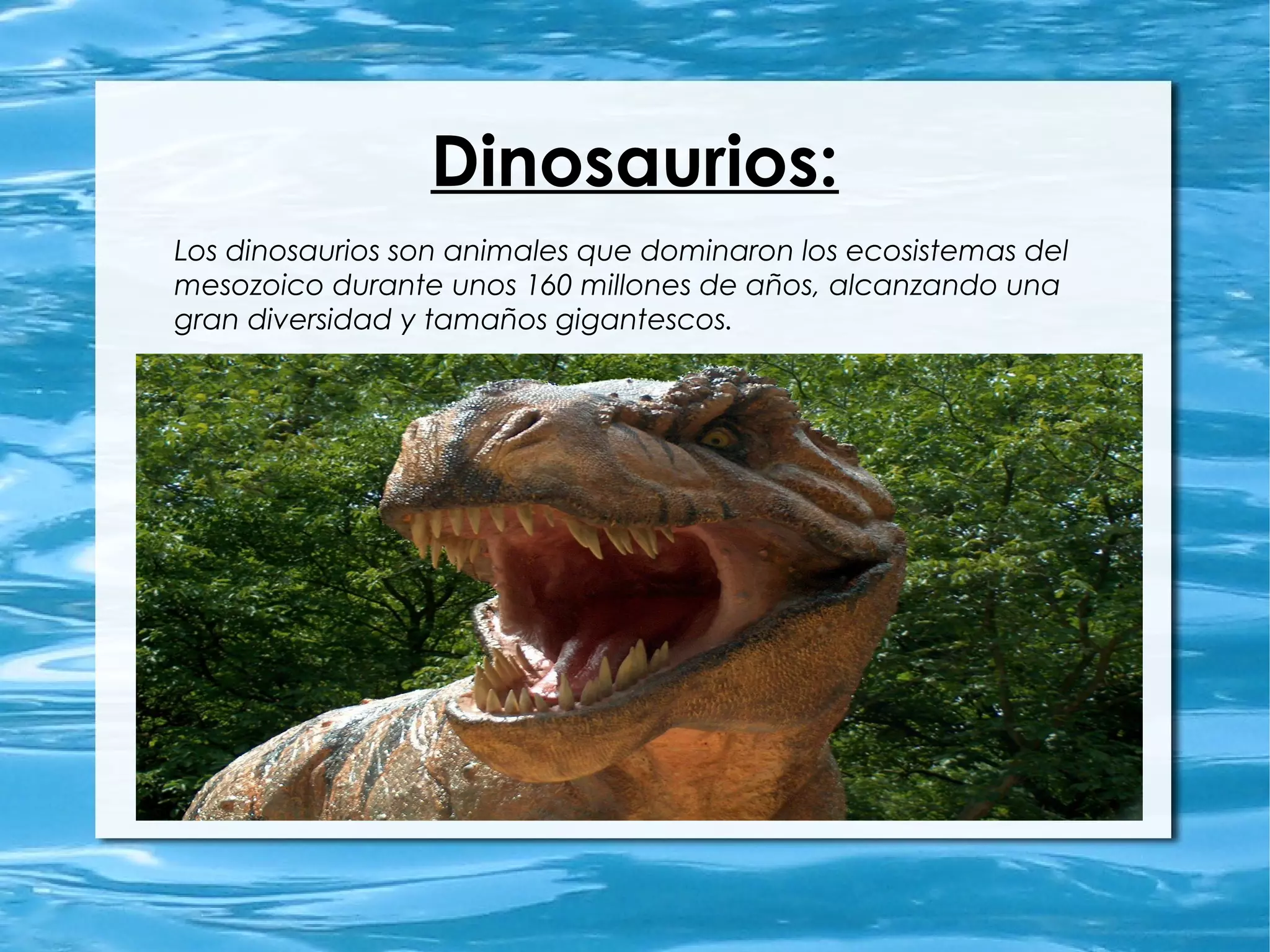 Dinosaurios:
Los dinosaurios son animales que dominaron los ecosistemas del
mesozoico durante unos 160 millones de años, alcanzando una
gran diversidad y tamaños gigantescos.