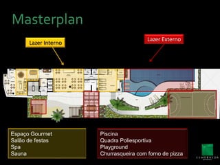 MasterplanLazer ExternoLazer InternoEspaço GourmetSalão de festasSpaSaunaPiscinaQuadra PoliesportivaPlaygroundChurrasqueira com forno de pizza