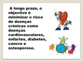 A longo prazo, o
objectivo é
minimizar o risco
de doenças
crónicas como
doenças
cardiovasculares,
enfartes, diabetes,
cancro e
osteoporose.
 