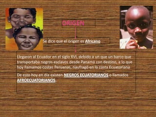 ORIGEN

              Se dice que el origen es Africano


Llegaron al Ecuador en el siglo XVI, debido a un que un barco que
transportaba negros esclavos desde Panamá con destino, a lo que
hoy llamamos costas Peruanas, naufragó en la costa Ecuatoriana
De esto hoy en día existen NEGROS ECUATORIANOS o llamados
AFROECUATORIANOS.
 