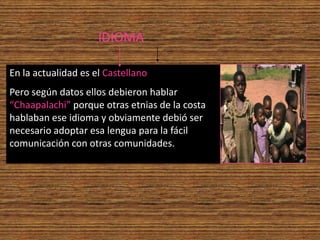 IDIOMA

En la actualidad es el Castellano
Pero según datos ellos debieron hablar
“Chaapalachi” porque otras etnias de la costa
hablaban ese idioma y obviamente debió ser
necesario adoptar esa lengua para la fácil
comunicación con otras comunidades.
 