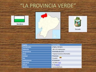 “LA PROVINCIA VERDE”

Bandera

                                                   Escudo




      Capital         Esmeraldas
      Coordenadas     0°58’S, 79°39’O
      Población       385.223 Habitantes
      Temperatura     Promedio de 23°C
      Clima           Tropical Lluvioso (Húmedo)
      Entidad         Provincia
      País            Ecuador
      Subdivisiones   8 Cantones
      Superficie      15.239,1 km²
      Altitud         3 - 6 msnm
      Gentilicio      Esmeraldeño/a
 