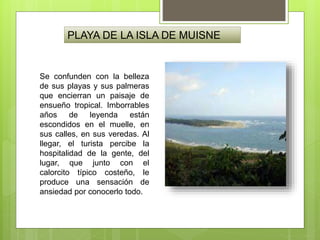PLAYA DE LA ISLA DE MUISNE
Se confunden con la belleza
de sus playas y sus palmeras
que encierran un paisaje de
ensueño tropical. Imborrables
años de leyenda están
escondidos en el muelle, en
sus calles, en sus veredas. Al
llegar, el turista percibe la
hospitalidad de la gente, del
lugar, que junto con el
calorcito típico costeño, le
produce una sensación de
ansiedad por conocerlo todo.
 