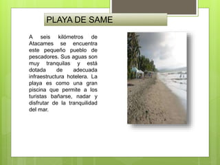 PLAYA DE SAME
A seis kilómetros de
Atacames se encuentra
este pequeño pueblo de
pescadores. Sus aguas son
muy tranquilas y está
dotada de adecuada
infraestructura hotelera. La
playa es como una gran
piscina que permite a los
turistas bañarse, nadar y
disfrutar de la tranquilidad
del mar.
 