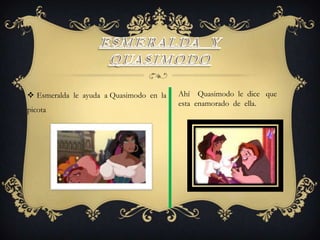  Esmeralda le ayuda a Quasimodo en la
picota

Ahí Quasimodo le dice que
esta enamorado de ella.

 