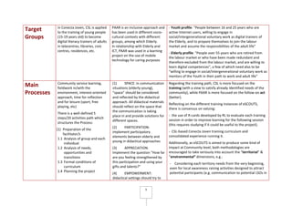 9
Target
Groups
In Conecta Joven, CSL is applied
to the training of young people
(15-19 years old) to become
digital literacy trainers of adults
in telecentres, libraries, civic
centres, residences, etc.
PAAR is an inclusive approach and
has been used in different socio-
cultural contexts with different
groups, among which Elderly.
In relationship with Elderly and
ICT, PAAR was used in a learning
project on the use of mobile
technology for caring purposes
- Youth profile: "People between 16 and 25 years who are
active Internet users, willing to engage in
social/intergenerational voluntary work as digital trainers of
the Elderly, and to prepare themselves to join the labour
market and assume the responsibilities of the adult life”
- Elderly profile: "People over 55 years who are retired from
the labour market or who have been made redundant and
therefore excluded from the labour market, and are willing to
learn digital competences”, a few of which need also to be
“willing to engage in social/intergenerational voluntary work as
mentors of the Youth in their path to work and adult life”
Main
Processes
Community service learning,
fieldwork in/with the
environment, interest-oriented
approach, time for reflection
and for leisure (sport, free
playing, etc)
There is a well-defined 5
steps/20 activities path which
structures the Process:
(1) Preparation of the
facilitator/s
1.1 Analysis of group and each
individual
1.2 Analysis of needs,
opportunities and
transitions
1.3 Formal conditions of
curriculum
1.4 Planning the project
(1) SPACE: in communication
situations (elderly-young),
“space” should be considered
and reflected by the didactical
approach. All didactical materials
should reflect on the space that
the communication is taking
place in and provide solutions for
different spaces.
(2) PARTICIPATION:
implement participatory
elements between elderly and
young in didactical approaches
(3) APPRECIATION:
Implement the question “How far
are you feeling strengthened by
this participation and using your
gifts and talents?”
(4) EMPOWERMENT:
didactical settings should try to
Regarding the training path, CSL is more focused on the
training (with a view to satisfy already identified needs of the
community), while PAAR is more focused on the follow-on act
(better).
Reflecting on the different training instances of eSCOUTS,
there is consensus on valuing:
- the use of R-cards developed by RL to evaluate each training
session in order to improve learning for the following session
(this requires studying if it could be useful to the project).
- CSL-based Conecta Joven training curriculum and
consolidated experience running it.
Additionally, as eSCOUTS is aimed to produce some kind of
impact at Community level, both methodologies are
encouraged to take seriously into account the “territorial” &
“environmental” dimensions, e.g.:
- Considering each territory needs from the very beginning,
even for local awareness raising activities designed to attract
potential participants (e.g. communication to potential LSOs in
 