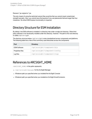 Rename *.jar.original to *.jar.
The only impact of using the restricted version files would be that you cannot import unrestricted-
strength key pairs. Also, you cannot save the keystore if you use passwords that are longer than four
characters. No other ESM Express functionality is impacted.
Directory Structure for ESM Installation
By default, the ESM software is installed in a directory tree under a single root directory. Other third-
party software is not necessarily installed under this directory, however. The path to this root directory
is called /opt/arcsight.
The directory structure below /opt/arcsight is also standardized across components and platforms.
The following table lists a few of the commonly used directories across the components.
Port Directory
ESM Software /opt/arcsight/<component>/bin
Properties files /opt/arcsight/<component>/config
Log files /opt/arcsight/<component>/logs
References to ARCSIGHT_HOME
<ARCSIGHT_HOME> in the paths represents:
l /opt/arcsight/manager for the ArcSight Manager
l Whatever path you specified when you installed the ArcSight Console
l Whatever path you specified when you installed an ArcSight SmartConnector.
Installation Guide
Chapter 1: What Is ESM With CORR-Engine Storage?
HP ESM Express (6.9.0c) Page 12 of 76
 