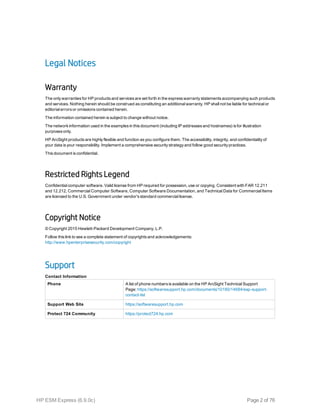 Legal Notices
Warranty
The only warranties for HP products and services are set forth in the express warranty statements accompanying such products
and services. Nothing herein should be construed as constituting an additional warranty. HP shall not be liable for technical or
editorial errors or omissions contained herein.
The information contained herein is subject to change without notice.
The network information used in the examples in this document (including IP addresses and hostnames) is for illustration
purposes only.
HP ArcSight products are highly flexible and function as you configure them. The accessibility, integrity, and confidentiality of
your data is your responsibility. Implement a comprehensive security strategy and follow good security practices.
This document is confidential.
Restricted Rights Legend
Confidential computer software. Valid license from HP required for possession, use or copying. Consistent with FAR 12.211
and 12.212, Commercial Computer Software, Computer Software Documentation, and Technical Data for Commercial Items
are licensed to the U.S. Government under vendor's standard commercial license.
Copyright Notice
© Copyright 2015 Hewlett-Packard Development Company, L.P.
Follow this link to see a complete statement of copyrights and acknowledgements:
http://www.hpenterprisesecurity.com/copyright
Support
Phone A list of phone numbers is available on the HP ArcSight Technical Support
Page: https://softwaresupport.hp.com/documents/10180/14684/esp-support-
contact-list
Support Web Site https://softwaresupport.hp.com
Protect 724 Community https://protect724.hp.com
Contact Information
HP ESM Express (6.9.0c) Page 2 of 76
 