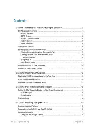 Contents
Chapter 1: What Is ESM With CORR-Engine Storage? 7
ESM Express Components 7
ArcSight Manager 7
CORR-Engine 8
ArcSight Command Center 8
ArcSight Console 8
SmartConnectors 8
Deployment Overview 8
ESM Express Communication Overview 9
Effect on Communication When Components Fail 9
Choosing between FIPS Mode or Default Mode 10
Mode Comparison 10
Using PKCS #11 11
Import Control Issues 11
Directory Structure for ESM Installation 12
References to ARCSIGHT_HOME 12
Chapter 2: Installing ESM Express 13
Starting the ESM Express Appliance for the First Time 13
Using the Configuration Wizard 14
Rerunning the ESM Configuration Wizard 17
Chapter 3: Post-Installation Considerations 19
Setting Up ESM Reports to Display in a Non-English Environment 19
On the Manager 19
On the Console 19
The Next Steps 20
Chapter 4: Installing ArcSight Console 22
Console Supported Platforms 22
Required Libraries for RHEL and CentOS (64 Bit) 22
Installing the Console 23
Configuring the ArcSight Console 24
HP ESM Express (6.9.0c) Page 3 of 76
 