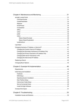 Chapter 4: Maintenance and Monitoring 31
arcsight_cluster Script 31
Command Syntax 31
clusterParameters 33
diagnose 33
forcePrimary 34
increaseDisk 34
offline 35
online 36
prefer 36
status 36
Status Output Example 36
Status Output Explanation 37
tuneDiskSync 39
Log Output 40
Changing Hostname, IP Address, or Service IP 41
Changing the Cluster's Service IP Address 41
Changing the Secondary Hostname or IP Address Only 43
Changing the Primary Hostname or IP Address Only 43
Changing Both Server Hostnames or IPs 44
Changing the Interconnect IP Address 44
Replacing a Server 45
Changing Mount Options 45
Chapter 5: Example HA Implementation 46
Requirements 46
Initial Setup and Installation 47
Hardware 47
DNS Setup 47
Operating System Installation 47
Disk Partition Setup 48
Interconnect Cable Setup 48
Set Up Connected Hosts 49
Install ArcSight Software 50
Increase Disk Space 51
Chapter 6: Troubleshooting 53
Installation Issues and Solutions 53
ESM High Availability Module User's Guide
HP ESM High Availability Module (1.0) Page 4 of 61
 