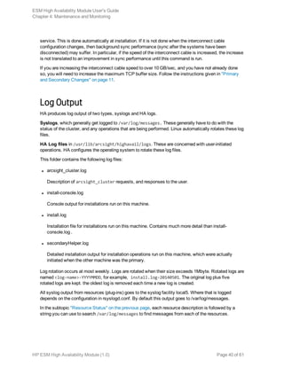 service. This is done automatically at installation. If it is not done when the interconnect cable
configuration changes, then background sync performance (sync after the systems have been
disconnected) may suffer. In particular, if the speed of the interconnect cable is increased, the increase
is not translated to an improvement in sync performance until this command is run.
If you are increasing the interconnect cable speed to over 10 GB/sec, and you have not already done
so, you will need to increase the maximum TCP buffer size. Follow the instructions given in "Primary
and Secondary Changes" on page 11.
Log Output
HA produces log output of two types, syslogs and HA logs.
Syslogs, which generally get logged to /var/log/messages. These generally have to do with the
status of the cluster, and any operations that are being performed. Linux automatically rotates these log
files.
HA Log files in /usr/lib/arcsight/highavail/logs. These are concerned with user-initiated
operations. HA configures the operating system to rotate these log files.
This folder contains the following log files:
l arcsight_cluster.log
Description of arcsight_cluster requests, and responses to the user.
l install-console.log
Console output for installations run on this machine.
l install.log
Installation file for installations run on this machine. Contains much more detail than install-
console.log .
l secondaryHelper.log
Detailed installation output for installation operations run on this machine, which were actually
initiated when the other machine was the primary.
Log rotation occurs at most weekly. Logs are rotated when their size exceeds 1Mbyte. Rotated logs are
named <log-name>-YYYYMMDD, for example, install.log-20140501. The original log plus five
rotated logs are kept. the oldest log is removed each time a new log is created.
All syslog output from resources (plug-ins) goes to the syslog facility local5. Where that is logged
depends on the configuration in rsyslogd.conf. By default this output goes to /var/log/messages.
In the subtopic "Resource Status" on the previous page, each resource description is followed by a
string you can use to search /var/log/messages to find messages from each of the resources.
ESM High Availability Module User's Guide
Chapter 4: Maintenance and Monitoring
HP ESM High Availability Module (1.0) Page 40 of 61
 