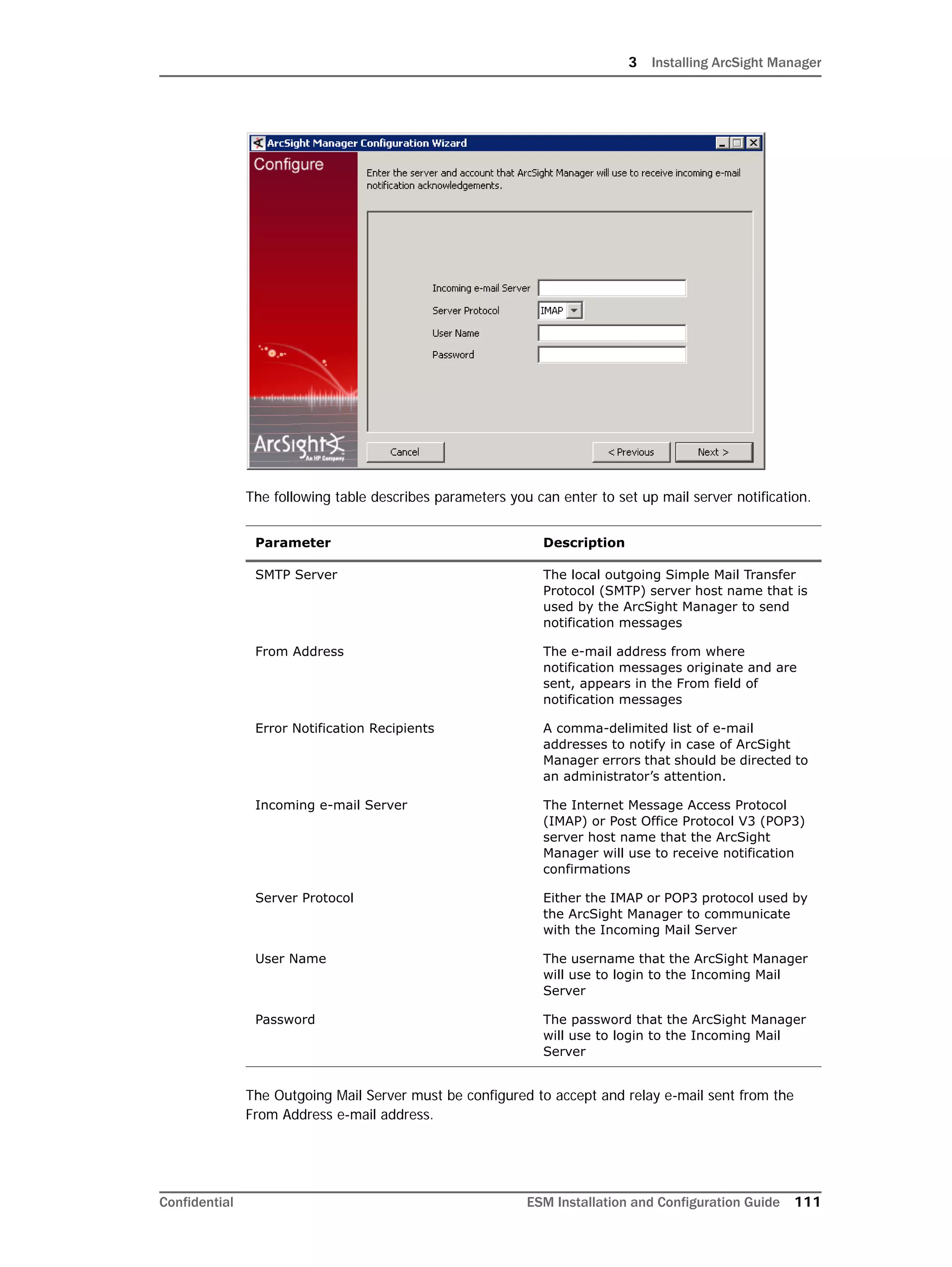 3 Installing ArcSight Manager
Confidential ESM Installation and Configuration Guide 111
The following table describes parameters you can enter to set up mail server notification.
The Outgoing Mail Server must be configured to accept and relay e-mail sent from the
From Address e-mail address.
Parameter Description
SMTP Server The local outgoing Simple Mail Transfer
Protocol (SMTP) server host name that is
used by the ArcSight Manager to send
notification messages
From Address The e-mail address from where
notification messages originate and are
sent, appears in the From field of
notification messages
Error Notification Recipients A comma-delimited list of e-mail
addresses to notify in case of ArcSight
Manager errors that should be directed to
an administrator’s attention.
Incoming e-mail Server The Internet Message Access Protocol
(IMAP) or Post Office Protocol V3 (POP3)
server host name that the ArcSight
Manager will use to receive notification
confirmations
Server Protocol Either the IMAP or POP3 protocol used by
the ArcSight Manager to communicate
with the Incoming Mail Server
User Name The username that the ArcSight Manager
will use to login to the Incoming Mail
Server
Password The password that the ArcSight Manager
will use to login to the Incoming Mail
Server
 