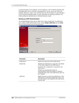 3 Installing ArcSight Manager
100 ESM Installation and Configuration Guide Confidential
is using self-signed or CA certificates. For CA certificates, if the Certificate Authority (CA)
that signed your server’s certificate is already listed in cacerts, you do not need to do
anything. Otherwise, obtain a root certificate from the CA and import it in your Manager’s
cacerts using the keytoolgui utility. For more information on importing certificates, see
Understanding SSL Authentication in ESM Administrator’s Guide.
Setting up LDAP Authentication
The ArcSight Manager binds with an LDAP server using a simple bind. To authenticate
users using an LDAP authentication server, choose Simple LDAP Bind and click Next.
The next panel prompts you for this information.
Parameter Description
LDAP Server Specify the host name of the LDAP Server.
Enable SSL Whether the LDAP Server is using SSL. The default
is True (SSL enabled on the LDAP server).
No further SSL configuration is required for the
LDAP server.
Whether you selected SSL earlier for
communications with the Console is irrelevant.
Certificate type is set on the LDAP server side, not
the manager.
LDAP Port Specify the port to use for the LDAP Server. If the
LDAP server is using SSL (Enable SSL=true), use
port 636. If SSL is not enabled on the LDAP server,
use port 389.
 