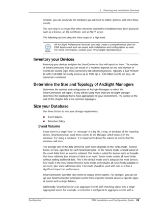 1 Planning and Installation Overview
Confidential ESM Installation and Configuration Guide 19
network, you can easily size the hardware you will need to collect, process, and store those
events.
The next step is to ensure that other elements essential to installation have been procured
such as a license, an SSL certificate, and an SMTP server.
The following sections describe these steps on a high level.
Inventory your Devices
Inventory your devices and plan the SmartConnector that will report on them. The number
of SmartConnectors that you can install on a machine depends on the total number of
events per second (eps) those connectors will collectively process. Typically, a dual Pentium
IV with 2 GB RAM can easily process up to 1500 eps (~130 million events per day), all
connectors combined.
Determine the Size and Topology of ArcSight Managers
Determine the number and configuration of ArcSight Managers to which the
SmartConnectors will report. If you will be using more than one ArcSight Manager,
determine the topology that is most appropriate for your environment. The section at the
end of this chapter lists a few common topologies.
Size your Database
Use these factors to size your storage requirements:
 Event Volume
 Retention Policy
Event Volume
A raw event is a single “row” or “message” in a log file, a trap, or database of the reporting
device. SmartConnectors send these events to the Manager, which stores it in the
database. For sizing a database, it is important to know the volume of events that the
database will store.
The average size of the data stored for each event depends on the Turbo mode—Fastest,
Faster, or Fast—specified for each SmartConnector. In the Fastest mode, a small subset of
the event fields from an event is retained. This mode is suited for devices such as firewalls
that have relatively less amount of data in an event. Faster mode retains all event fields,
without adding additional data. This is the default mode and is adequate for most devices.
Fast mode is the most comprehensive turbo mode and includes all event fields available in
an event, plus some additional data. Fast mode should be used with care as it has a
significant impact on performance.
SmartConnectors can filter raw events to reduce event volume. For example, you can set
up your SmartConnector to forward events from a specific network device or specific types
of events such as login failures.
Additionally, SmartConnectors can aggregate events with matching values into a single
aggregated event. For example, a connector is configured to aggregate events with a
HP ArcSight Professional Services can help create a comprehensive plan for
ESM deployment and can assist with installation and configuration as well.
For more information, contact your HP ArcSight representative.
 