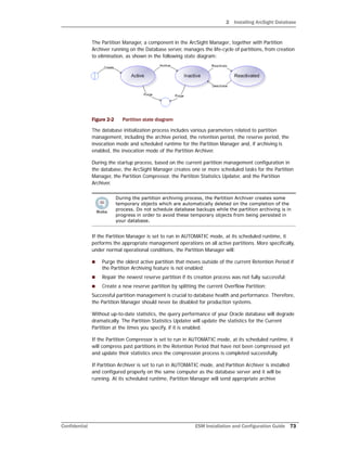 2 Installing ArcSight Database
Confidential ESM Installation and Configuration Guide 73
The Partition Manager, a component in the ArcSight Manager, together with Partition
Archiver running on the Database server, manages the life-cycle of partitions, from creation
to elimination, as shown in the following state diagram:
Figure 2-2 Partition state diagram
The database initialization process includes various parameters related to partition
management, including the archive period, the retention period, the reserve period, the
invocation mode and scheduled runtime for the Partition Manager and, if archiving is
enabled, the invocation mode of the Partition Archiver.
During the startup process, based on the current partition management configuration in
the database, the ArcSight Manager creates one or more scheduled tasks for the Partition
Manager, the Partition Compressor, the Partition Statistics Updater, and the Partition
Archiver.
If the Partition Manager is set to run in AUTOMATIC mode, at its scheduled runtime, it
performs the appropriate management operations on all active partitions. More specifically,
under normal operational conditions, the Partition Manager will:
 Purge the oldest active partition that moves outside of the current Retention Period if
the Partition Archiving feature is not enabled;
 Repair the newest reserve partition if its creation process was not fully successful;
 Create a new reserve partition by splitting the current Overflow Partition;
Successful partition management is crucial to database health and performance. Therefore,
the Partition Manager should never be disabled for production systems.
Without up-to-date statistics, the query performance of your Oracle database will degrade
dramatically. The Partition Statistics Updater will update the statistics for the Current
Partition at the times you specify, if it is enabled.
If the Partition Compressor is set to run in AUTOMATIC mode, at its scheduled runtime, it
will compress past partitions in the Retention Period that have not been compressed yet
and update their statistics once the compression process is completed successfully.
If Partition Archiver is set to run in AUTOMATIC mode, and Partition Archiver is installed
and configured properly on the same computer as the database server and it will be
running. At its scheduled runtime, Partition Manager will send appropriate archive
During the partition archiving process, the Partition Archiver creates some
temporary objects which are automatically deleted on the completion of the
process. Do not schedule database backups while the partition archiving is in
progress in order to avoid these temporary objects from being persisted in
your database.
 