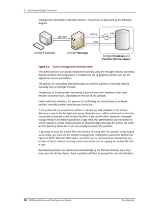 2 Installing ArcSight Database
74 ESM Installation and Configuration Guide Confidential
management commands to Partition Archiver. This process is illustrated by the following
diagram:
Figure 2-3 Archive management command traffic
The archive process can also be initiated interactively using the ArcSight Console, providing
that the Partition Archiving feature is enabled and set up properly and the user has the
appropriate access permissions.
The process of reactivating and deactivating an archived partition is normally initiated
manually from an ArcSight Console.
The process of archiving and reactivating a partition may take anywhere from a few
minutes to several hours, depending on the size of the partition.
Unlike automatic archiving, the process of reactivating and deactivating an archived
partition normally involves some human interaction.
If the archive file for an archived partition is already (or still) available in the archive
directory, a user in the ArcSight user group “Administrators” will be authorized to send the
reactivation command to the Partition Archiver. If the archive file is stored on removable
storage media in an offline location like a tape shelf, the administrative user may have to
send a request to a Data Center operator to mount the tape and copy the archive file to the
archive directory before he or she can actually reactivate the partition.
If you want to keep the archive file in the Archive Directory after the partition is reactivated
successfully, you must set the partition management configuration parameter Archive File
Option to KEEP. With the KEEP option, partitions can be reactivated and deactivated any
number of times, without requiring human interaction such as copying the archive file from
a tape.
Reactivated partitions are deactivated automatically by the Partition Archiver once they
move past the Archive Period. Such a partition will then be purged the next time Partition
 