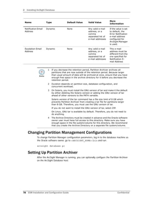 2 Installing ArcSight Database
78 ESM Installation and Configuration Guide Confidential
Changing Partition Management Configurations
To change Partition Manager configuration parameters, log in to the database machine as
the Oracle software owner, go to <ARCSIGHT_HOME>bin and run:
arcsight database pc
Setting Up Partition Archiver
After the ArcSight Manager is running, you can optionally configure the Partition Archiver
on the ArcSight Database host.
Notification Email
Address
Dynamic None Any valid e-mail
address, or a
comma
separated list of
e-mail addresses
If the value is set
to default, the
Error Notification
e-mail address
configured for
ArcSight Manager
is used.
Escalation Email
Address
Dynamic None Any valid e-mail
address, or a
comma
separated list of
e-mail addresses
This e-mail
address must be
different from the
one specified for
Notification E-
mail Address
1 If you decrease the retention period, Partition Archiver archives all
partitions that are now outside of the retention period. Because larger
than usual amount of data will be archived at once, ensure that you have
enough free space in the archive directory for it before you decrease the
retention period.
2 Duration depends on partition size, database configuration, and
concurrent workload.
3 On Solaris, you must install the GNU version of tar and make it the default
by either deleting the Solaris version or adding the GNU version of tar
ahead of other versions to the PATH variable.
Solaris version of the tar command has a file size limit of 8 GB which
prevents Partition Archiver from creating a tar file for partitions larger
than 8 GB. Therefore, you must use the GNU version of tar.
If you do not want to install the GNU version of tar, select ZIP.
On Linux, GNU tar is available by default. Therefore, you do not need to
do anything.
4 The Archive Directory must be created in advance and the Oracle software
owner user must have full access to this directory. Make sure you have
enough space in the file system/volume for this directory. We recommend
that you create the Archive Directory on a separate file system/volume.
Name Type Default Value Valid Value
More
Information
 