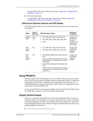1 Planning and Installation Overview
Confidential ESM Installation and Configuration Guide 21
To install ESM in FIPS mode, follow the instructions in Appendix F‚ Installing ESM in
FIPS Mode‚ on page 171.
 FIPS with Suite B mode
To install ESM in FIPS with Suite B mode, follow the instructions in Appendix G‚
Installing ESM in FIPS with Suite B Mode‚ on page 201.
Differences Between Default and FIPS Modes
The following table outlines some of the basic differences between the three modes that
ESM supports:
Using PKCS#11
Starting in ESM v4.0 SP2, ESM supports the use of a PKCS#11 token such as the Common
Access Card (CAC) to log into the ArcSight Console or ArcSight Web. PKCS#11 is Public-Key
Cryptography Standard (PKCS), published by RSA Laboratories which describes it as “a
technology-independent programming interface, called Cryptoki, for cryptographic devices
such as smart cards and PCMCIA cards.”
You can use the PKCS#11 token to log in regardless of the mode in which ArcSight Console
or ArcSight Web is running - in FIPS 140-2 mode or default mode.
Import Control Issues
If you are a customer in the United States, you can skip reading this section. If you are a
customer outside of the United States, you need to be aware of your country's restrictions
on allowed cryptographic strengths. The embedded JRE in ESM components, ship with the
Java Cryptography Extension (JCE) Unlimited Strength Jurisdiction Policy Files and they are
enabled by default. These files are:
 jrelibsecuritylocal_policy.jar
Mode
Use of
SSL/TLS
Default Cipher Suites
Keystore/
Truststore
Default
Mode
SSL or
TLS
• TLS_RSA_WITH_AES_128_CBC_SHA
• SSL_RSA_WITH_3DES_EDE_CBC_SHA
• More...
Keypair and
Certificates
stored in
Keystore and
Truststore in
JKS format
FIPS
140-2
Mode
TLS • TLS_RSA_WITH_AES_128_CBC_SHA
• SSL_RSA_WITH_3DES_EDE_CBC_SHA
Keypair and
Certificates
stored in
NSSDB
FIPS
with
Suite B
Mode
TLS • TLS_ECDHE_ECDSA_WITH_AES_128_CBC_
SHA
Suite B 128 bits security level, providing
protection from unclassified up to secret
information
• TLS_ECDHE_ECDSA_WITH_AES_256_CBC_
SHA
Suite B 192 bits security level, providing
protection from unclassified to top secret
information
Keypair and
Certificates
stored in
NSSDB
 