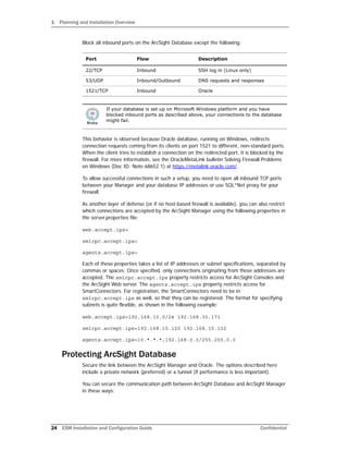 1 Planning and Installation Overview
24 ESM Installation and Configuration Guide Confidential
Block all inbound ports on the ArcSight Database except the following:
This behavior is observed because Oracle database, running on Windows, redirects
connection requests coming from its clients on port 1521 to different, non-standard ports.
When the client tries to establish a connection on the redirected port, it is blocked by the
firewall. For more information, see the OracleMetaLink bulletin Solving Firewall Problems
on Windows (Doc ID: Note:68652.1) at https://metalink.oracle.com/.
To allow successful connections in such a setup, you need to open all inbound TCP ports
between your Manager and your database IP addresses or use SQL*Net proxy for your
firewall.
As another layer of defense (or if no host-based firewall is available), you can also restrict
which connections are accepted by the ArcSight Manager using the following properties in
the server.properties file:
web.accept.ips=
xmlrpc.accept.ips=
agents.accept.ips=
Each of these properties takes a list of IP addresses or subnet specifications, separated by
commas or spaces. Once specified, only connections originating from those addresses are
accepted. The xmlrpc.accept.ips property restricts access for ArcSight Consoles and
the ArcSight Web server. The agents.accept.ips property restricts access for
SmartConnectors. For registration, the SmartConnectors need to be in
xmlrpc.accept.ips as well, so that they can be registered. The format for specifying
subnets is quite flexible, as shown in the following example:
web.accept.ips=192.168.10.0/24 192.168.30.171
xmlrpc.accept.ips=192.168.10.120 192.168.10.132
agents.accept.ips=10.*.*.*,192.168.0.0/255.255.0.0
Protecting ArcSight Database
Secure the link between the ArcSight Manager and Oracle. The options described here
include a private network (preferred) or a tunnel (if performance is less important).
You can secure the communication path between ArcSight Database and ArcSight Manager
in these ways:
Port Flow Description
22/TCP Inbound SSH log in (Linux only)
53/UDP Inbound/Outbound DNS requests and responses
1521/TCP Inbound Oracle
If your database is set up on Microsoft Windows platform and you have
blocked inbound ports as described above, your connections to the database
might fail.
 