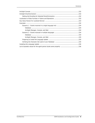 Contents
Confidential ESM Installation and Configuration Guide 9
ArcSight Console ..........................................................................................................232
ArcSight SmartConnectors .............................................................................................232
Setting the Encoding for Selected SmartConnectors ....................................................232
Localization of Date Formats in Tokens and Operations ......................................................233
Key-Value Parsers for Localized Devices ..........................................................................233
Examples ....................................................................................................................234
Scenario 1 - Events received in a single language only ................................................234
Database ........................................................................................................234
ArcSight Manager, Console, and Web .................................................................234
Scenario 2 - Events received in multiple languages .....................................................234
Database ........................................................................................................234
ArcSight Manager, Console, and Web .................................................................235
Preparing to Install the Language Update ..................................................................235
Verifying the Character Set used on your Database ....................................................235
Installing the Language Update ......................................................................................236
List of possible values for the agent.parser.locale.name property ........................................236
 