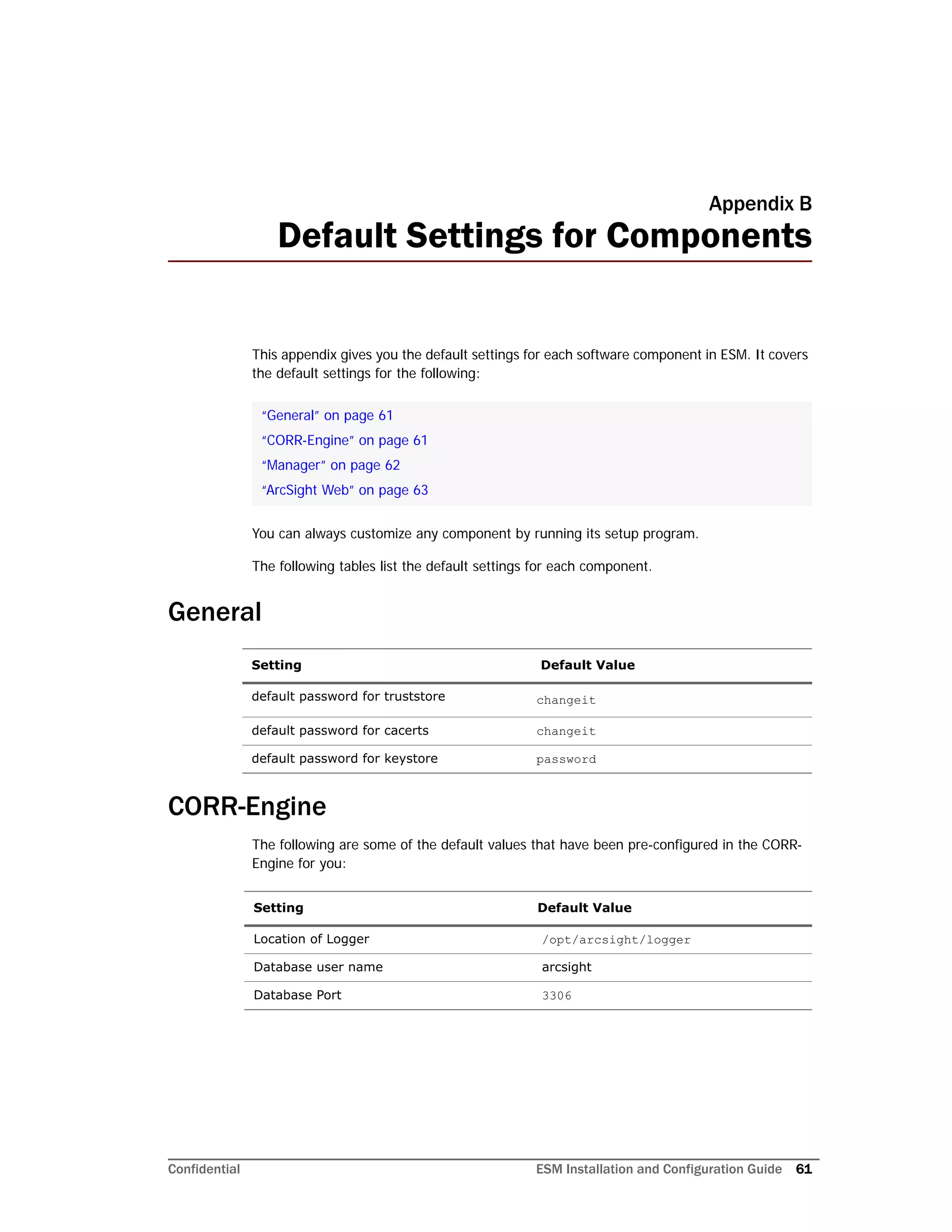 Confidential ESM Installation and Configuration Guide 61
Appendix B
Default Settings for Components
This appendix gives you the default settings for each software component in ESM. It covers
the default settings for the following:
You can always customize any component by running its setup program.
The following tables list the default settings for each component.
General
CORR-Engine
The following are some of the default values that have been pre-configured in the CORR-
Engine for you:
“General” on page 61
“CORR-Engine” on page 61
“Manager” on page 62
“ArcSight Web” on page 63
Setting Default Value
default password for truststore changeit
default password for cacerts changeit
default password for keystore password
Setting Default Value
Location of Logger /opt/arcsight/logger
Database user name arcsight
Database Port 3306
 