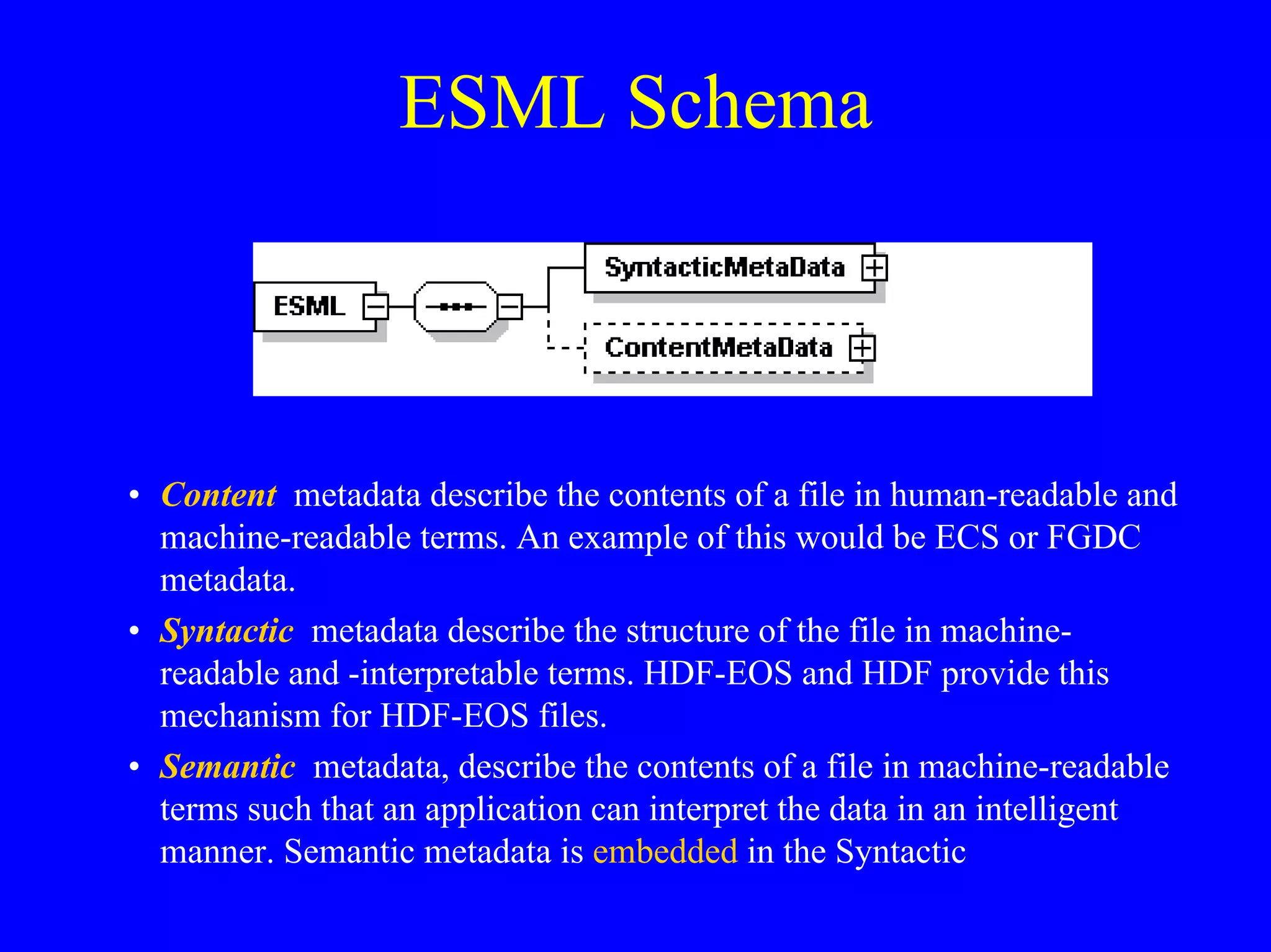 ESML Schema

• Content metadata describe the contents of a file in human-readable and
machine-readable terms. An example of this would be ECS or FGDC
metadata.
• Syntactic metadata describe the structure of the file in machinereadable and -interpretable terms. HDF-EOS and HDF provide this
mechanism for HDF-EOS files.
• Semantic metadata, describe the contents of a file in machine-readable
terms such that an application can interpret the data in an intelligent
manner. Semantic metadata is embedded in the Syntactic

 