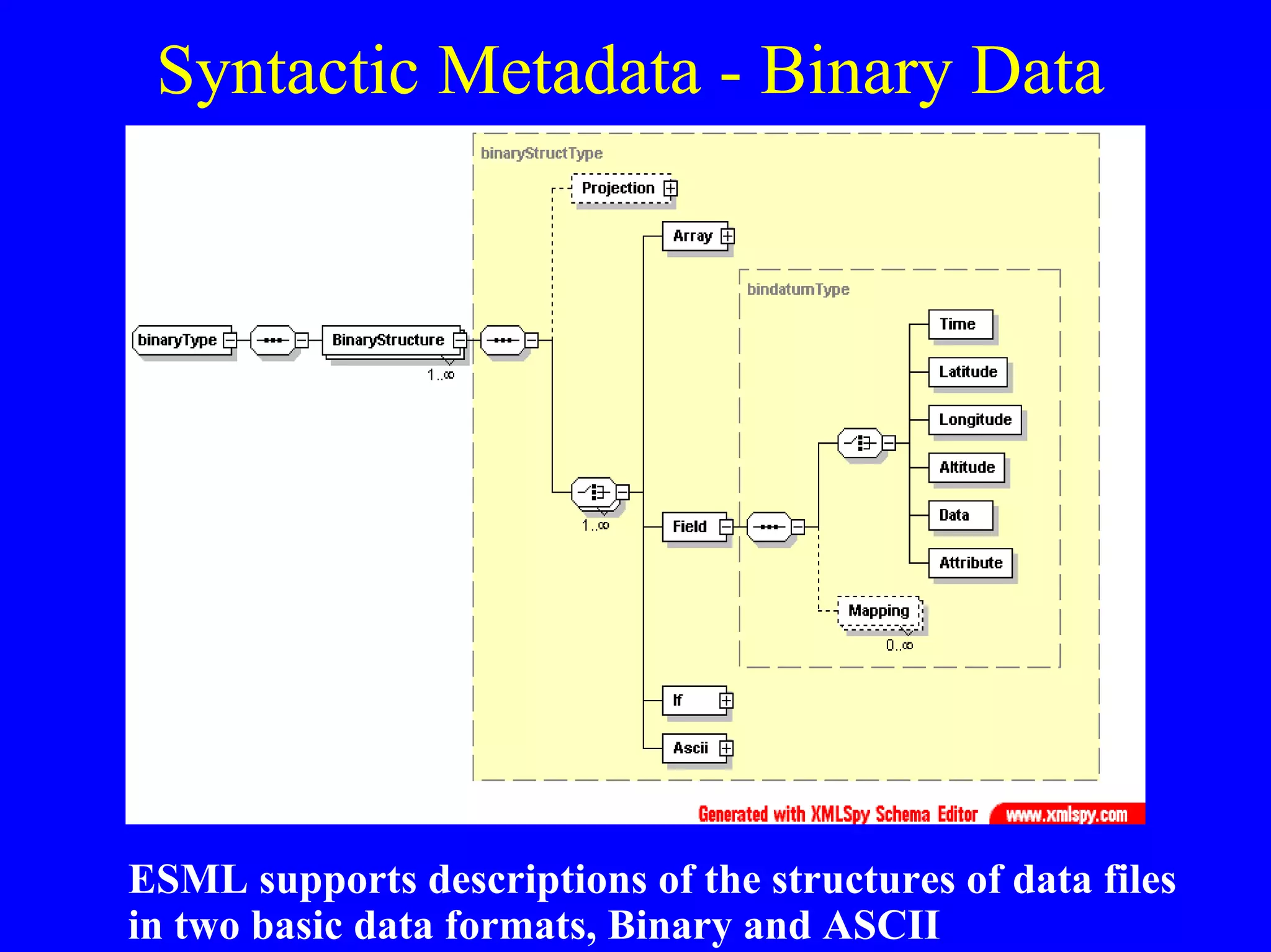 Syntactic Metadata - Binary Data

ESML supports descriptions of the structures of data files
in two basic data formats, Binary and ASCII

 