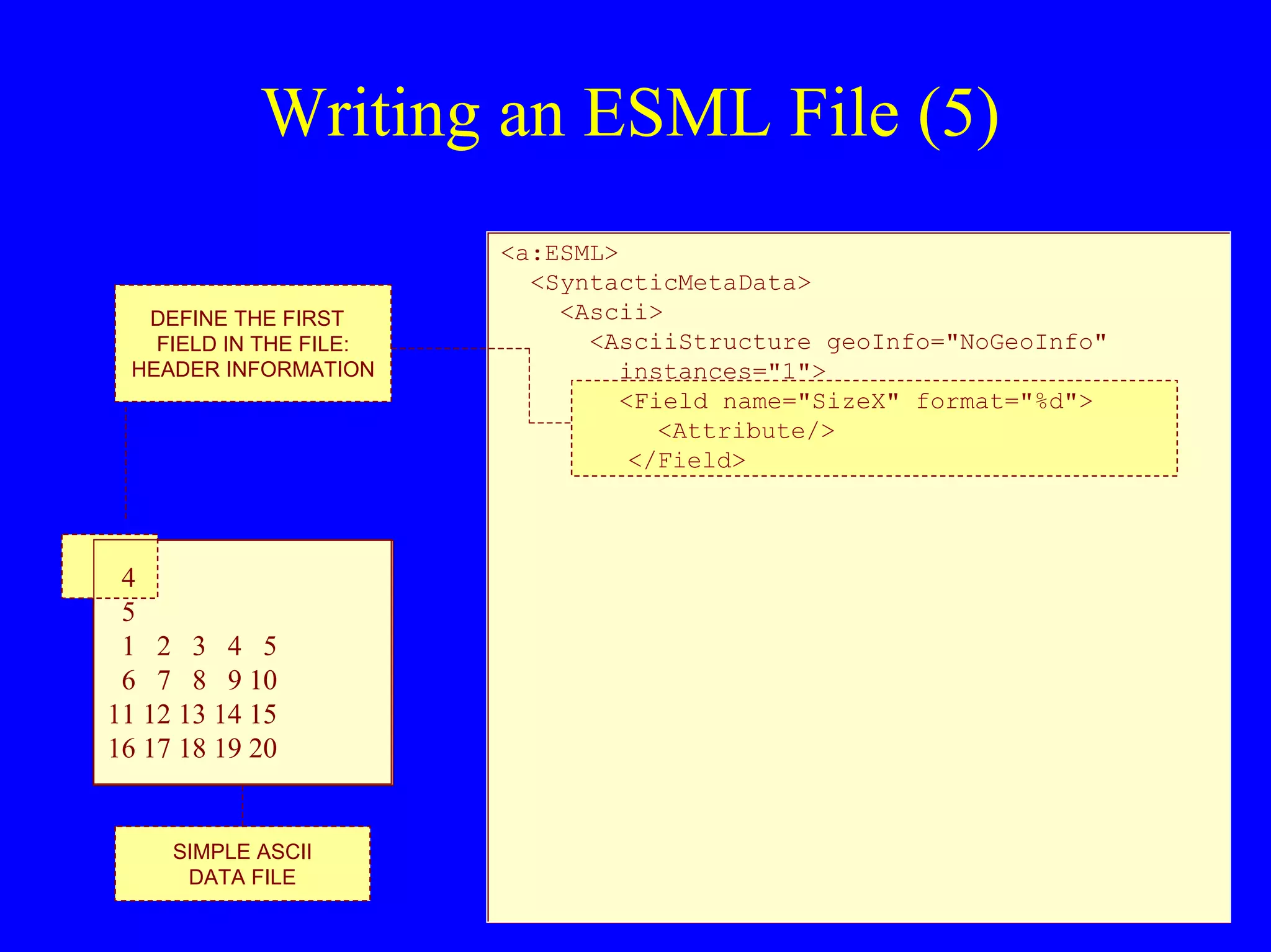 Writing an ESML File (5)
DEFINE THE FIRST
FIELD IN THE FILE:
HEADER INFORMATION

4
5
1 2 3 4 5
6 7 8 9 10
11 12 13 14 15
16 17 18 19 20

SIMPLE ASCII
DATA FILE

<a:ESML>
<SyntacticMetaData>
<Ascii>
<AsciiStructure geoInfo="NoGeoInfo"
instances="1">
<Field name="SizeX" format="%d">
<Attribute/>
</Field>

 