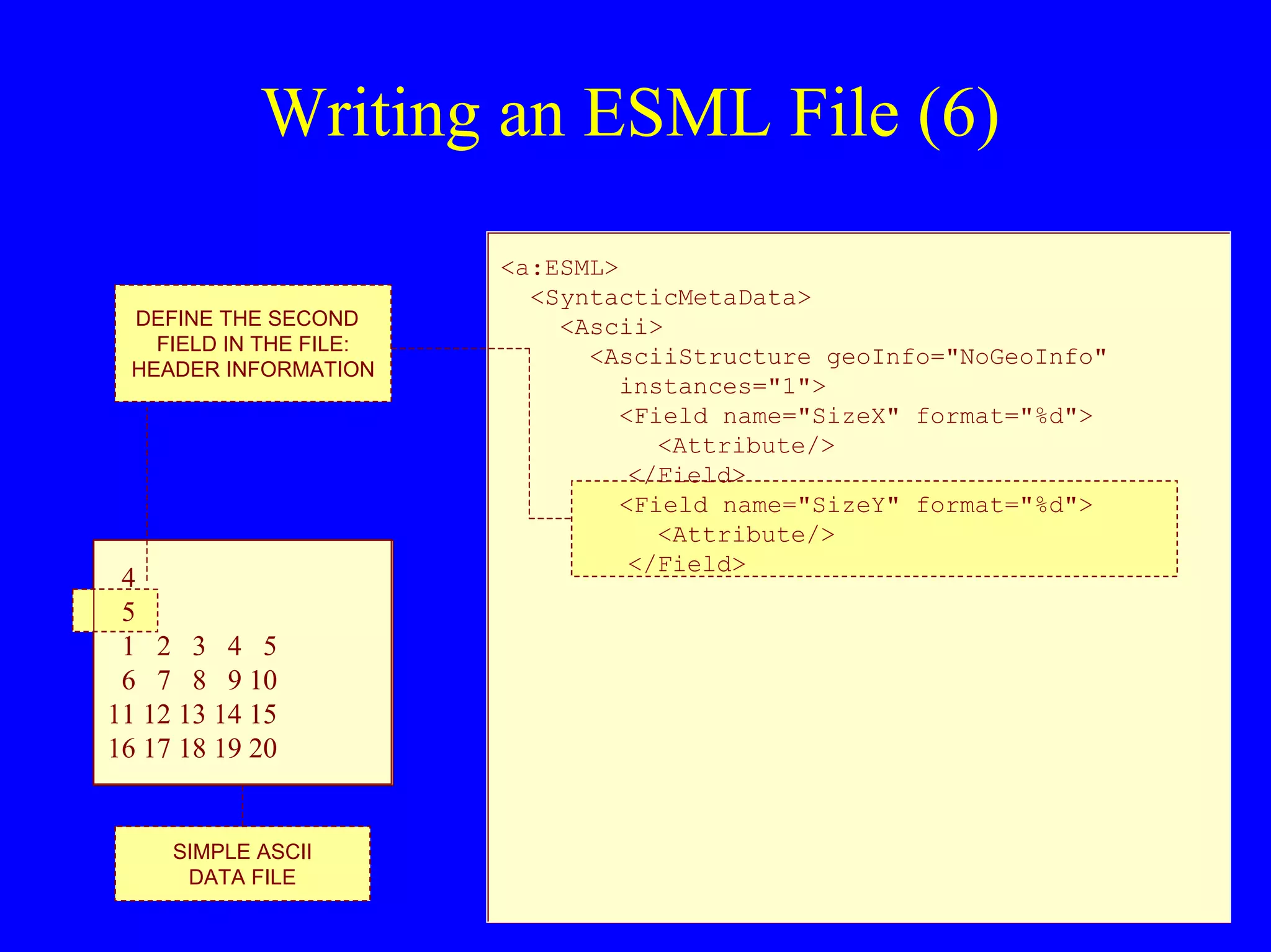 Writing an ESML File (6)
DEFINE THE SECOND
FIELD IN THE FILE:
HEADER INFORMATION

4
5
1 2 3 4 5
6 7 8 9 10
11 12 13 14 15
16 17 18 19 20

SIMPLE ASCII
DATA FILE

<a:ESML>
<SyntacticMetaData>
<Ascii>
<AsciiStructure geoInfo="NoGeoInfo"
instances="1">
<Field name="SizeX" format="%d">
<Attribute/>
</Field>
<Field name="SizeY" format="%d">
<Attribute/>
</Field>

 