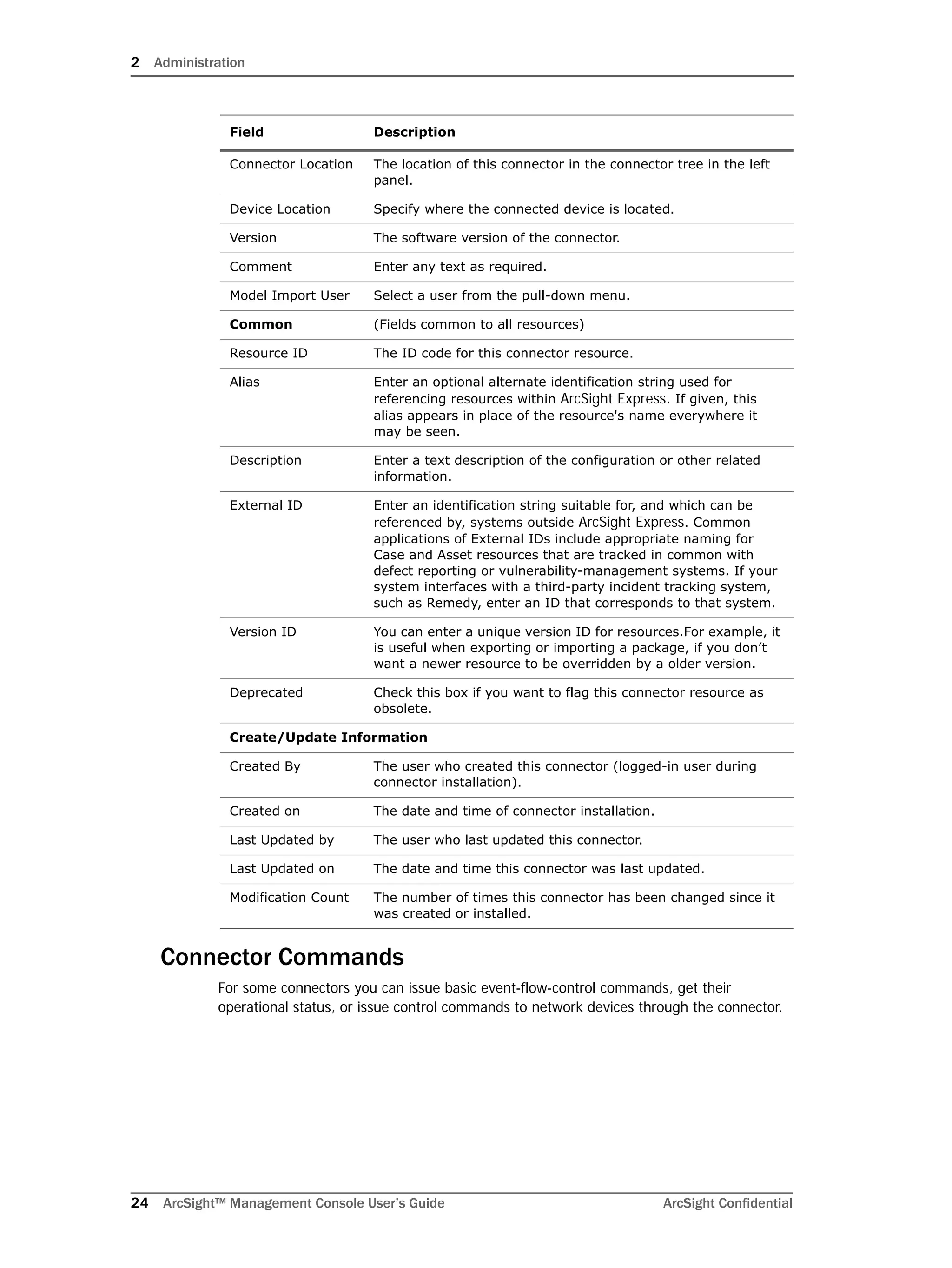 2 Administration
24 ArcSight™ Management Console User’s Guide ArcSight Confidential
Connector Commands
For some connectors you can issue basic event-flow-control commands, get their
operational status, or issue control commands to network devices through the connector.
Connector Location The location of this connector in the connector tree in the left
panel.
Device Location Specify where the connected device is located.
Version The software version of the connector.
Comment Enter any text as required.
Model Import User Select a user from the pull-down menu.
Common (Fields common to all resources)
Resource ID The ID code for this connector resource.
Alias Enter an optional alternate identification string used for
referencing resources within ArcSight Express. If given, this
alias appears in place of the resource's name everywhere it
may be seen.
Description Enter a text description of the configuration or other related
information.
External ID Enter an identification string suitable for, and which can be
referenced by, systems outside ArcSight Express. Common
applications of External IDs include appropriate naming for
Case and Asset resources that are tracked in common with
defect reporting or vulnerability-management systems. If your
system interfaces with a third-party incident tracking system,
such as Remedy, enter an ID that corresponds to that system.
Version ID You can enter a unique version ID for resources.For example, it
is useful when exporting or importing a package, if you don’t
want a newer resource to be overridden by a older version.
Deprecated Check this box if you want to flag this connector resource as
obsolete.
Create/Update Information
Created By The user who created this connector (logged-in user during
connector installation).
Created on The date and time of connector installation.
Last Updated by The user who last updated this connector.
Last Updated on The date and time this connector was last updated.
Modification Count The number of times this connector has been changed since it
was created or installed.
Field Description
 