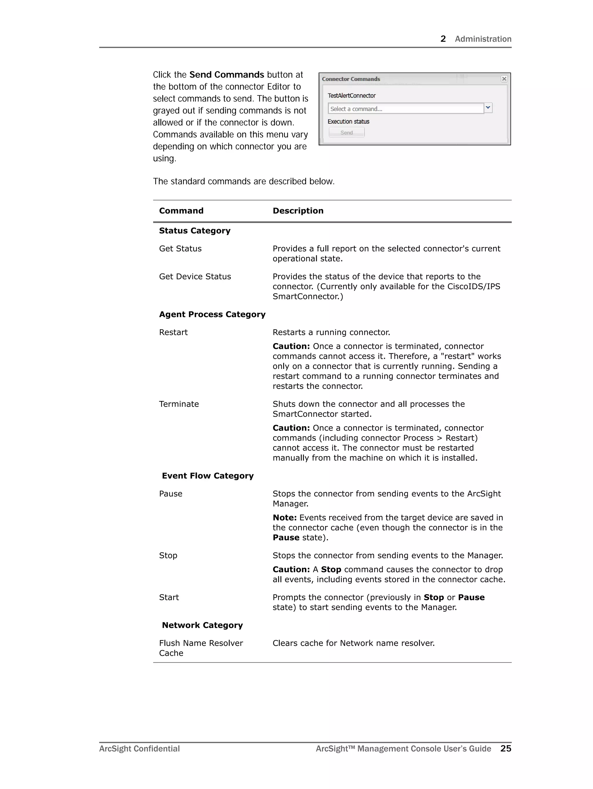 2 Administration
ArcSight Confidential ArcSight™ Management Console User’s Guide 25
Click the Send Commands button at
the bottom of the connector Editor to
select commands to send. The button is
grayed out if sending commands is not
allowed or if the connector is down.
Commands available on this menu vary
depending on which connector you are
using.
The standard commands are described below.
Command Description
Status Category
Get Status Provides a full report on the selected connector's current
operational state.
Get Device Status Provides the status of the device that reports to the
connector. (Currently only available for the CiscoIDS/IPS
SmartConnector.)
Agent Process Category
Restart Restarts a running connector.
Caution: Once a connector is terminated, connector
commands cannot access it. Therefore, a "restart" works
only on a connector that is currently running. Sending a
restart command to a running connector terminates and
restarts the connector.
Terminate Shuts down the connector and all processes the
SmartConnector started.
Caution: Once a connector is terminated, connector
commands (including connector Process > Restart)
cannot access it. The connector must be restarted
manually from the machine on which it is installed.
Event Flow Category
Pause Stops the connector from sending events to the ArcSight
Manager.
Note: Events received from the target device are saved in
the connector cache (even though the connector is in the
Pause state).
Stop Stops the connector from sending events to the Manager.
Caution: A Stop command causes the connector to drop
all events, including events stored in the connector cache.
Start Prompts the connector (previously in Stop or Pause
state) to start sending events to the Manager.
Network Category
Flush Name Resolver
Cache
Clears cache for Network name resolver.
 