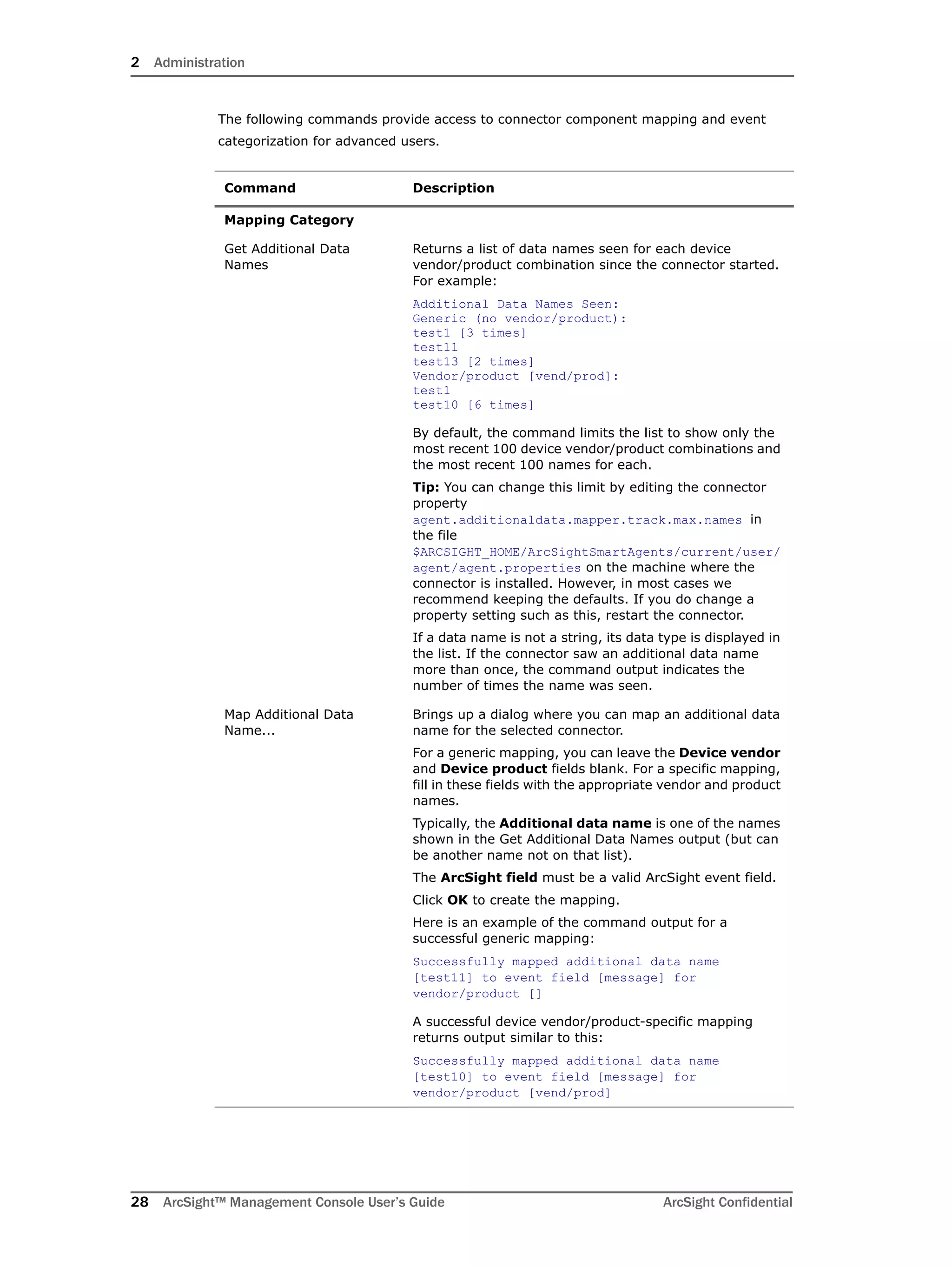 2 Administration
28 ArcSight™ Management Console User’s Guide ArcSight Confidential
The following commands provide access to connector component mapping and event
categorization for advanced users.
Command Description
Mapping Category
Get Additional Data
Names
Returns a list of data names seen for each device
vendor/product combination since the connector started.
For example:
Additional Data Names Seen:
Generic (no vendor/product):
test1 [3 times]
test11
test13 [2 times]
Vendor/product [vend/prod]:
test1
test10 [6 times]
By default, the command limits the list to show only the
most recent 100 device vendor/product combinations and
the most recent 100 names for each.
Tip: You can change this limit by editing the connector
property
agent.additionaldata.mapper.track.max.names in
the file
$ARCSIGHT_HOME/ArcSightSmartAgents/current/user/
agent/agent.properties on the machine where the
connector is installed. However, in most cases we
recommend keeping the defaults. If you do change a
property setting such as this, restart the connector.
If a data name is not a string, its data type is displayed in
the list. If the connector saw an additional data name
more than once, the command output indicates the
number of times the name was seen.
Map Additional Data
Name...
Brings up a dialog where you can map an additional data
name for the selected connector.
For a generic mapping, you can leave the Device vendor
and Device product fields blank. For a specific mapping,
fill in these fields with the appropriate vendor and product
names.
Typically, the Additional data name is one of the names
shown in the Get Additional Data Names output (but can
be another name not on that list).
The ArcSight field must be a valid ArcSight event field.
Click OK to create the mapping.
Here is an example of the command output for a
successful generic mapping:
Successfully mapped additional data name
[test11] to event field [message] for
vendor/product []
A successful device vendor/product-specific mapping
returns output similar to this:
Successfully mapped additional data name
[test10] to event field [message] for
vendor/product [vend/prod]
 