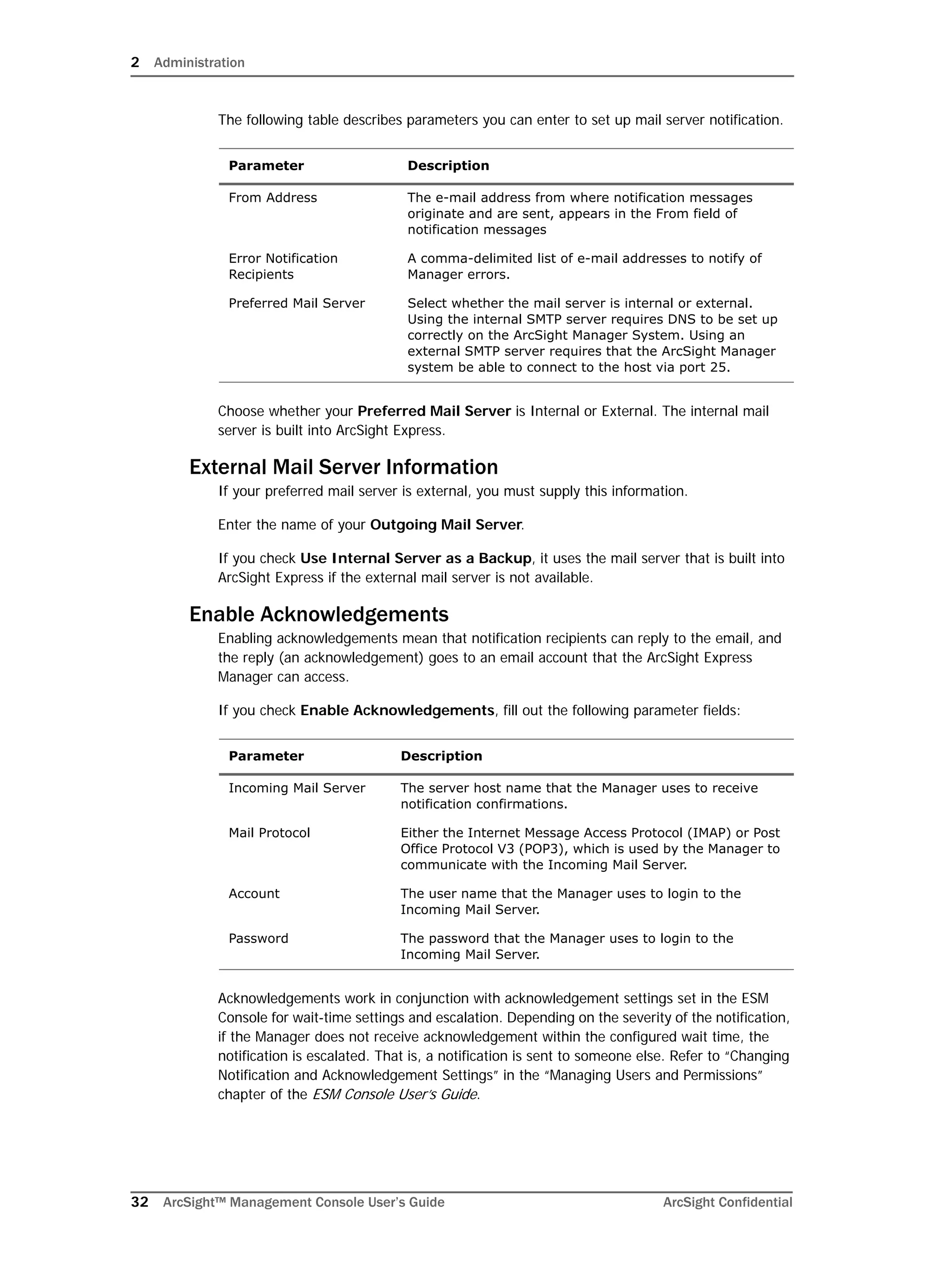 2 Administration
32 ArcSight™ Management Console User’s Guide ArcSight Confidential
The following table describes parameters you can enter to set up mail server notification.
Choose whether your Preferred Mail Server is Internal or External. The internal mail
server is built into ArcSight Express.
External Mail Server Information
If your preferred mail server is external, you must supply this information.
Enter the name of your Outgoing Mail Server.
If you check Use Internal Server as a Backup, it uses the mail server that is built into
ArcSight Express if the external mail server is not available.
Enable Acknowledgements
Enabling acknowledgements mean that notification recipients can reply to the email, and
the reply (an acknowledgement) goes to an email account that the ArcSight Express
Manager can access.
If you check Enable Acknowledgements, fill out the following parameter fields:
Acknowledgements work in conjunction with acknowledgement settings set in the ESM
Console for wait-time settings and escalation. Depending on the severity of the notification,
if the Manager does not receive acknowledgement within the configured wait time, the
notification is escalated. That is, a notification is sent to someone else. Refer to “Changing
Notification and Acknowledgement Settings” in the “Managing Users and Permissions”
chapter of the ESM Console User’s Guide.
Parameter Description
From Address The e-mail address from where notification messages
originate and are sent, appears in the From field of
notification messages
Error Notification
Recipients
A comma-delimited list of e-mail addresses to notify of
Manager errors.
Preferred Mail Server Select whether the mail server is internal or external.
Using the internal SMTP server requires DNS to be set up
correctly on the ArcSight Manager System. Using an
external SMTP server requires that the ArcSight Manager
system be able to connect to the host via port 25.
Parameter Description
Incoming Mail Server The server host name that the Manager uses to receive
notification confirmations.
Mail Protocol Either the Internet Message Access Protocol (IMAP) or Post
Office Protocol V3 (POP3), which is used by the Manager to
communicate with the Incoming Mail Server.
Account The user name that the Manager uses to login to the
Incoming Mail Server.
Password The password that the Manager uses to login to the
Incoming Mail Server.
 