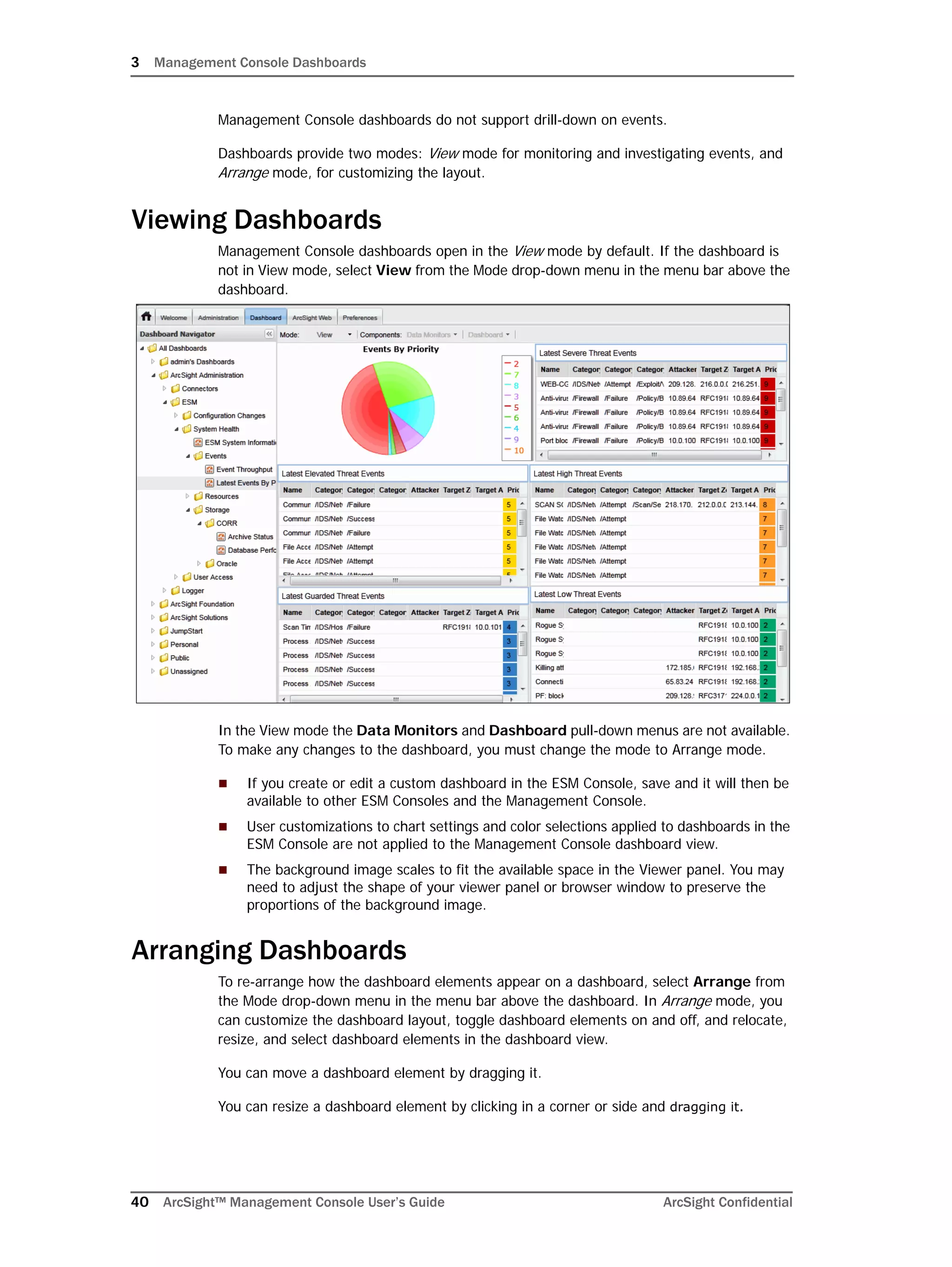 3 Management Console Dashboards
40 ArcSight™ Management Console User’s Guide ArcSight Confidential
Management Console dashboards do not support drill-down on events.
Dashboards provide two modes: View mode for monitoring and investigating events, and
Arrange mode, for customizing the layout.
Viewing Dashboards
Management Console dashboards open in the View mode by default. If the dashboard is
not in View mode, select View from the Mode drop-down menu in the menu bar above the
dashboard.
In the View mode the Data Monitors and Dashboard pull-down menus are not available.
To make any changes to the dashboard, you must change the mode to Arrange mode.
 If you create or edit a custom dashboard in the ESM Console, save and it will then be
available to other ESM Consoles and the Management Console.
 User customizations to chart settings and color selections applied to dashboards in the
ESM Console are not applied to the Management Console dashboard view.
 The background image scales to fit the available space in the Viewer panel. You may
need to adjust the shape of your viewer panel or browser window to preserve the
proportions of the background image.
Arranging Dashboards
To re-arrange how the dashboard elements appear on a dashboard, select Arrange from
the Mode drop-down menu in the menu bar above the dashboard. In Arrange mode, you
can customize the dashboard layout, toggle dashboard elements on and off, and relocate,
resize, and select dashboard elements in the dashboard view.
You can move a dashboard element by dragging it.
You can resize a dashboard element by clicking in a corner or side and dragging it.
 