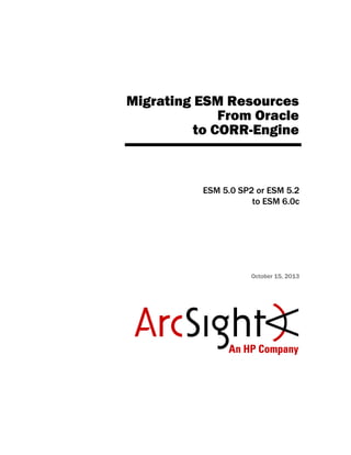 Migrating ESM Resources
From Oracle
to CORR-Engine
ESM 5.0 SP2 or ESM 5.2
to ESM 6.0c
October 15, 2013
 