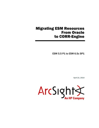 Migrating ESM Resources
From Oracle
to CORR-Engine
ESM 5.5 P1 to ESM 6.5c SP1
April 21, 2014
 