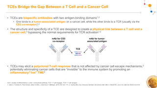 TCEs Bridge the Gap Between a T Cell and a Cancer Cell
• TCEs are bispecific antibodies with two antigen-binding domains1,2
• One binds to a tumor-associated antigen on a cancer cell, while the other binds to a TCR (usually via the
CD3 co-receptor)1,2
• The structure and specificity of a TCE are designed to create a physical link between a T cell and a
cancer cell,3 bypassing the normal requirements for TCR activation1,2
• TCEs may elicit a polyclonal T-cell response that is not affected by cancer cell escape mechanisms,2
potentially eliminating cancer cells that are “invisible” to the immune system by promoting an
inflammatory/“hot” TME4
CD3 = cluster of differentiation 3; mAb = monoclonal antibody; TCE = T-cell engager; TCR = T-cell receptor.
1. Vafa O, Trinklein N. Front Oncol. 2020;10:446; 2. Ellerman D. Methods. 2019;154:102–117; 3. Huehls AM, et al. Immunol Cell Biol. 2015;93(3):290–296; 4. Abbott RC, et al. Int J Mol Sci 2020;21(2):515.
mAb for tumor-
associated antigen
mAb for CD3
co-receptor
TCE
 