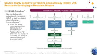 SCLC Is Highly Sensitive to Frontline Chemotherapy Initially, with
Resistance Developing in Metastatic Disease
2021 ESMO Guidelines1
• Standard of care for
patients with metastatic
SCLC is platinum-based
chemotherapy ±
immunotherapy2
• SCLC has a high
response rate (60%–
70%) to frontline
chemotherapy3
• Addition of anti–PD-1
antibodies has improved
outcomes, but nearly all
patients relapse, and
prognosis is poor2
SCLC = small cell lung cancer.
1. Dingemans A-M C, et al. Ann Oncol. 2021;32(7):839–853; 2. Regzedmaa O, et al. Onco Targets Ther. 2019;12:4605–4620; 3. Byers LA, Rudin CM. Cancer. 2015;121(5):664–672.
.
Image reproduced with permission from Dingemans A-M C, et al. Ann Oncol. 2021;32(7):839–853.
 