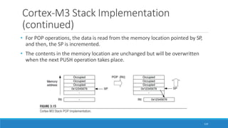 Cortex-M3 Stack Implementation
(continued)
• For POP operations, the data is read from the memory location pointed by SP,
and then, the SP is incremented.
• The contents in the memory location are unchanged but will be overwritten
when the next PUSH operation takes place.
110
 