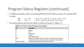Program Status Registers (continued)
• In ARM assembler, when accessing xPSR (all three PSRs as one), the symbol PSR
is used:
• The descriptions for the bit fields in PSR are shown in Table 3.1.
51
 