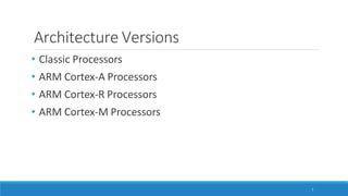 Architecture Versions
7
• Classic Processors
• ARM Cortex-A Processors
• ARM Cortex-R Processors
• ARM Cortex-M Processors
 