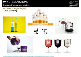 WINE INNOVATIONS
Innovaciones en el sector
Innovación en packaging…
… o en Marketing
http://www.vinopack.es/15-ejemplos-de-marketing-de-vinos-llevados-al-limite & http://www.packagingoftheworld.com/2010/11/tulip.html
 