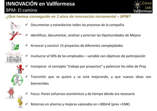 Carlos Fuertes 2015
INNOVACIÓN en Vallformosa
BPM: El camino
¿Qué hemos conseguido en 2 años de innovación incremental – BPM?
 Documentar y estandarizar todos los procesos de la compañía
 Identificar, documentar, analizar y priorizar las Oportunidades de Mejora
 Arrancar y concluir 15 proyectos de diferentes complejidades
 Involucrar al 50% de los empleados – variable con objetivos de participación
 Incorporar el concepto “trabajo por proyectos” y potenciar los Jefes de Proy
 Transmitir que se quiere y se está mejorando, y que nuevas ideas son
bienvenidas
 Focus: Poner esfuerzos económicos y de tiempo dónde era necesario
 Retornos en ahorros y mejoras valorados en +300m€ (prev +1M€)
 