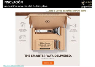 Carlos Fuertes 2015
INNOVACIÓN
Innovación incremental & disruptiva
…pero a veces debemos dar un salto
https://www.dollarshaveclub.com/
 