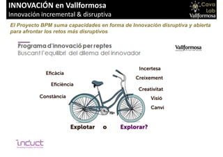 INNOVACIÓN en Vallformosa
Innovación incremental & disruptiva
El Proyecto BPM suma capacidades en forma de Innovación disruptiva y abierta
para afrontar los retos más disruptivos
 