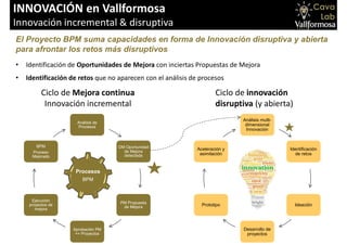 INNOVACIÓN en Vallformosa
Innovación incremental & disruptiva
El Proyecto BPM suma capacidades en forma de Innovación disruptiva y abierta
para afrontar los retos más disruptivos
• Identificación de Oportunidades de Mejora con inciertas Propuestas de Mejora
• Identificación de retos que no aparecen con el análisis de procesos
Análisis de
Procesos
OM Oportunidad
de Mejora
detectada
PM Propuesta
de Mejora
Aprobación PM
=> Proyectos
Ejecución
proyectos de
mejora
BPM
Proceso
Mejorado
Análisis multi-
dimensional
Innovación
Identificación
de retos
Ideación
Desarrollo de
proyectos
Prototipo
Aceleración y
asimilación
Ciclo de Mejora continua
Innovación incremental
Ciclo de innovación
disruptiva (y abierta)
Procesos
BPM
 