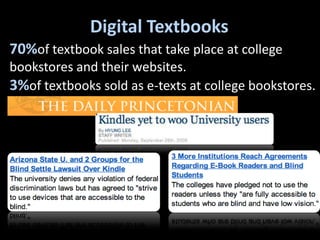 Digital Textbooks70%of textbook sales that take place at college bookstores and their websites.   3%of textbooks sold as e-texts at college bookstores.